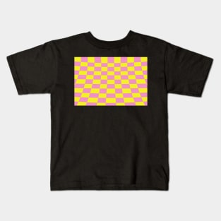 Warped perspective coloured checker board effect grid yellow and pink Kids T-Shirt